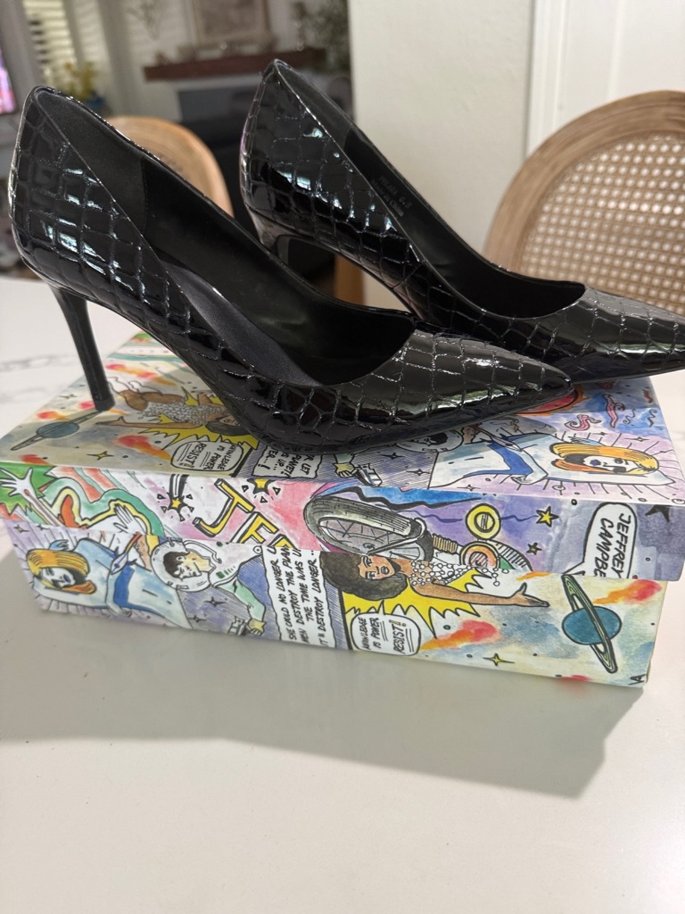 Jeffrey Campbell Black Croc-Embossed Pointed Toe Pumps